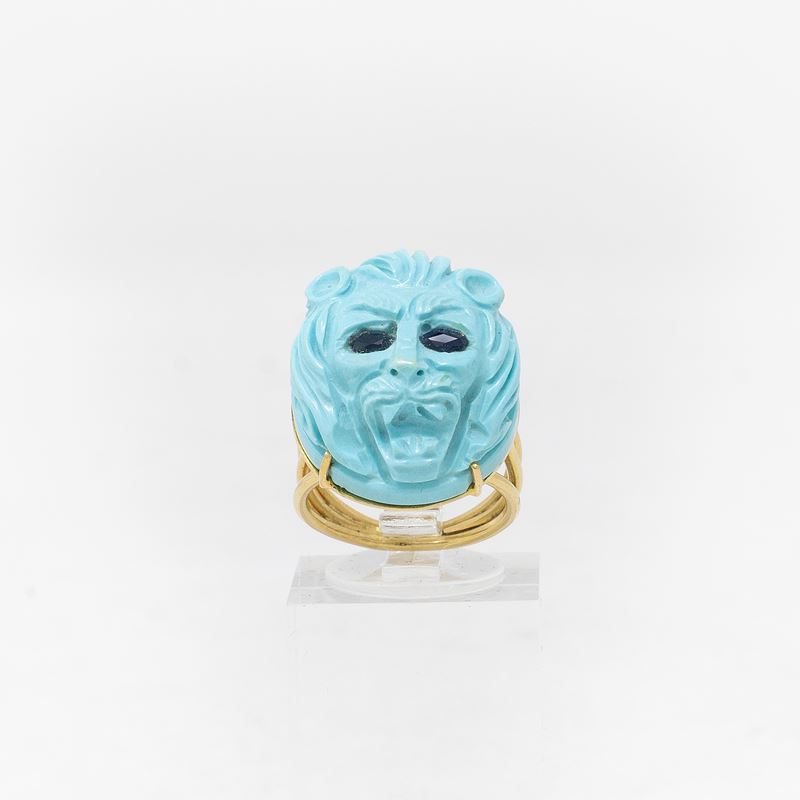 Anello in Oro Giallo con Turchese e Zaffiri