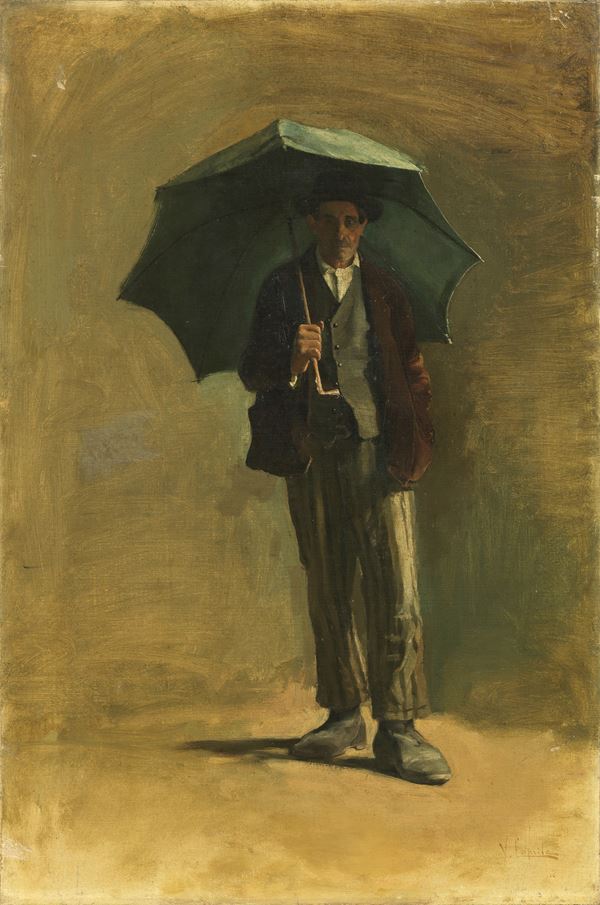 Vincenzo Caprile : Uomo con ombrello  - Olio su tela - Auction XIX and XX Century Paintings and Sculptures - Casa d'aste Farsettiarte