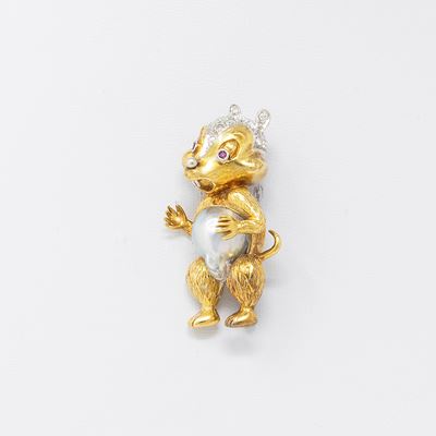 Spilla a Scoiattolo in Oro Giallo e Bianco con Perla e Brillanti