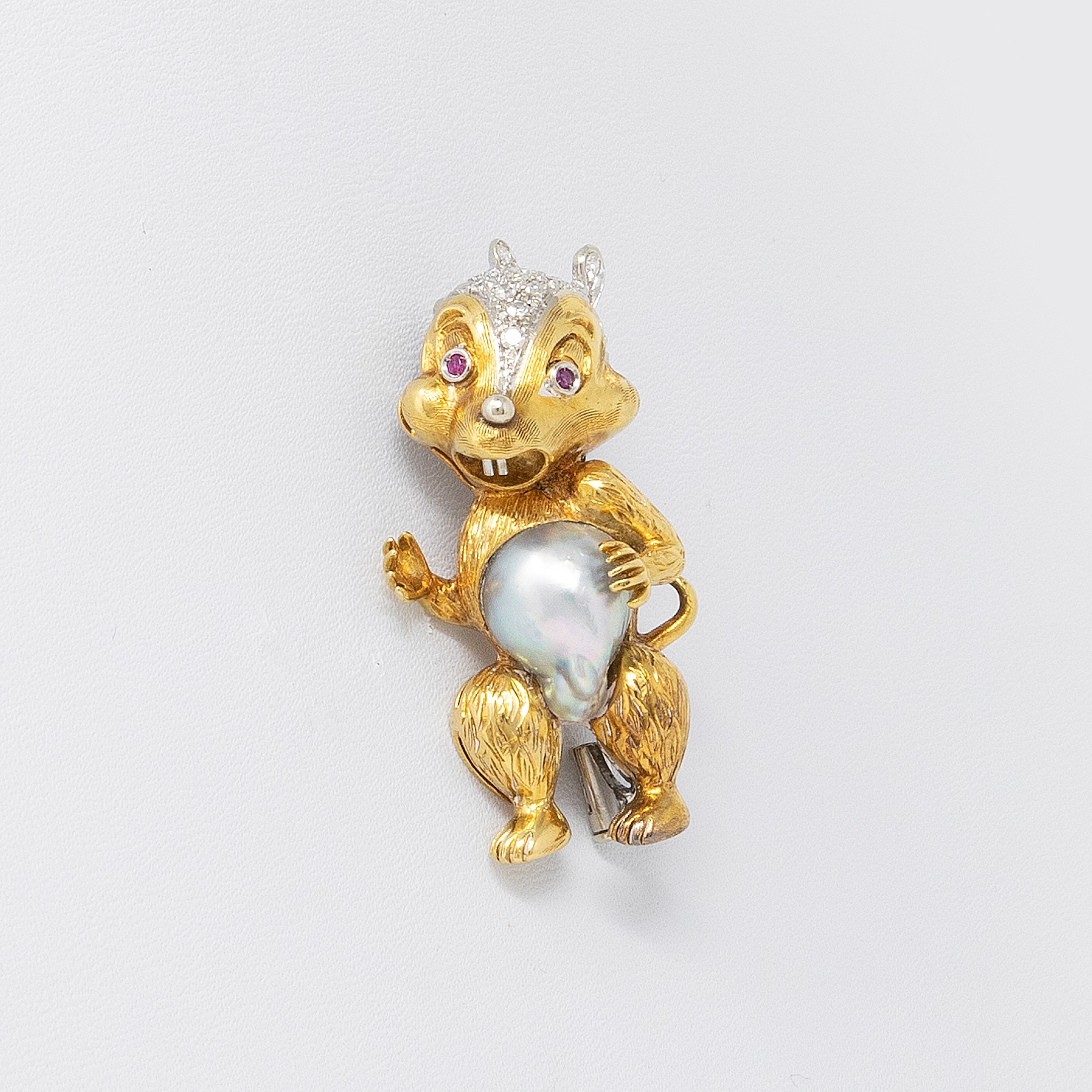 Spilla a Scoiattolo in Oro Giallo e Bianco con Perla e Brillanti