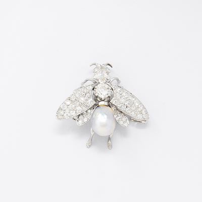 Spilla a Mosca in Oro Bianco con Perla e Diamanti