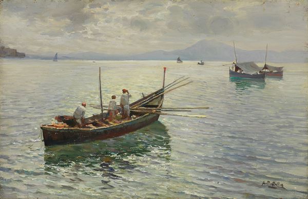 Attilio Pratella : Barca con pescatori a Mergellina  - Olio su tavola - Auction XIX and XX Century Paintings and Sculptures - Casa d'aste Farsettiarte