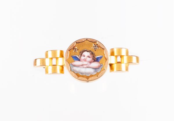 Spilla portaricordi rettangolare in oro giallo con rose di diamante  - Auction Jewels and Watches - Casa d'aste Farsettiarte