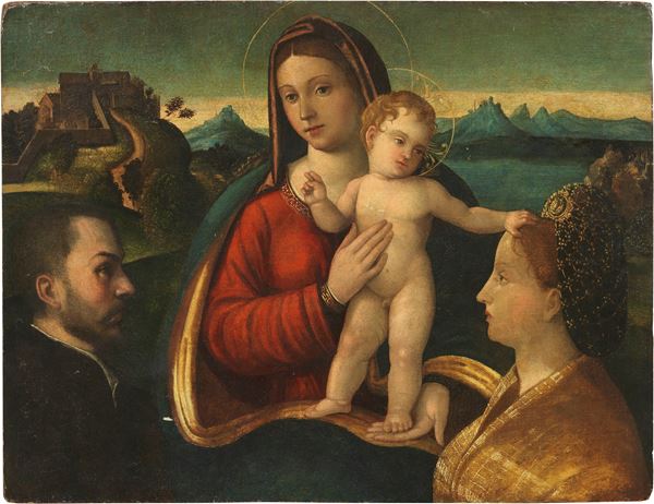 Scuola veneta del XVI secolo - Madonna col Bambino e due committenti