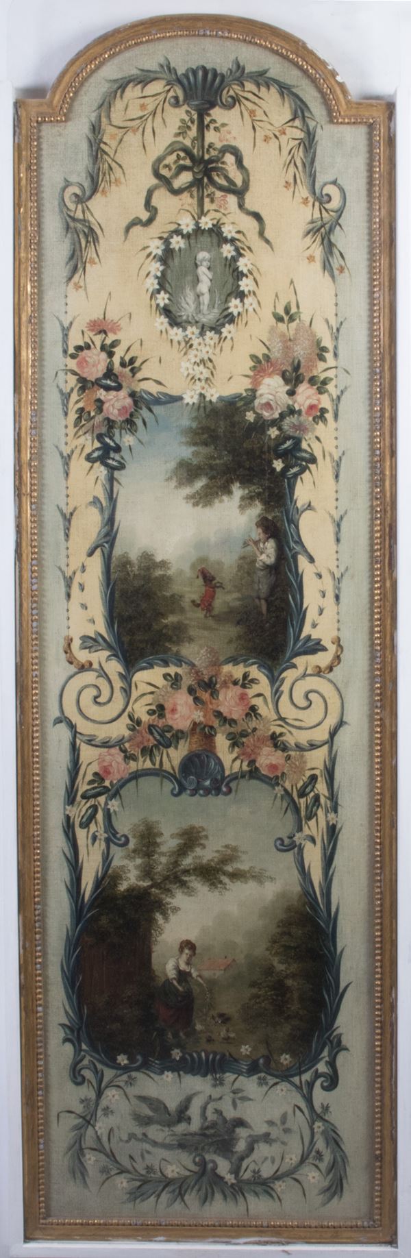 Scuola italiana del XVIII secolo - Due ante raffiguranti quattro «Scene campestri» in cornici a rose e ornati