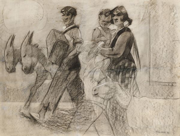 Pieter van der Hem : La famiglia  (1907)  - Carboncino su carta applicata su cartone - Auction Parade III - XIX and XX Century Paintings and Sculptures - Casa d'aste Farsettiarte