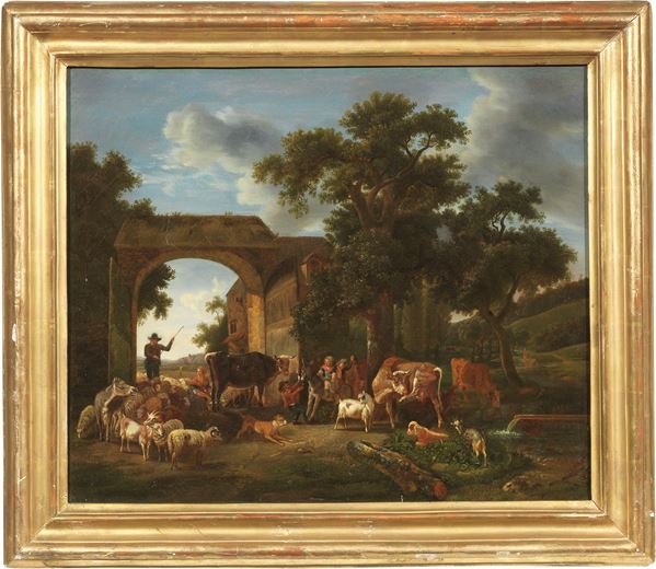 Scuola fiamminga fine XVII secolo - Scena pastorale