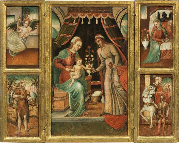 Scuola marchigiana del XVI secolo - Trittico con scene del Vangelo e due Santi