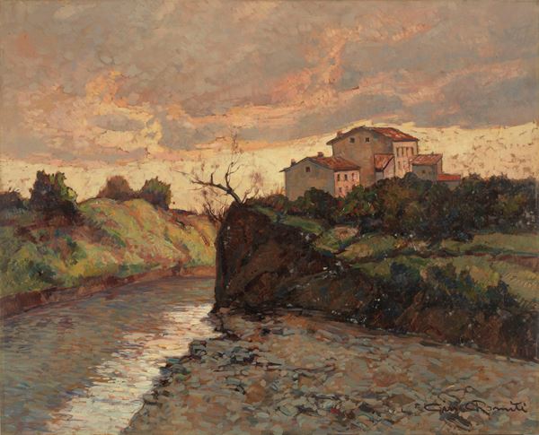 Gino Romiti : Tramonto sul fiume  - Olio su compensato - Auction XIX and XX Century Paintings and Sculptures - Casa d'aste Farsettiarte