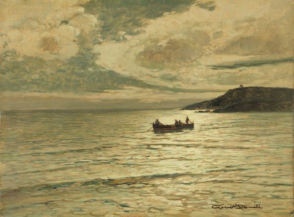 Gino Romiti : Pesca al tramonto  - Olio su faesite - Auction XIX and XX Century Paintings and Sculptures - Casa d'aste Farsettiarte
