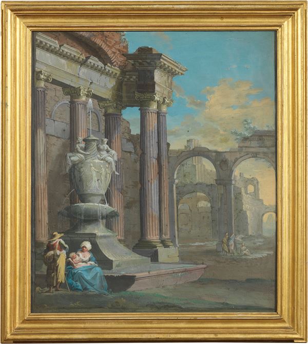 Pietro Paltronieri, il Mirandolese (attr. a) - «Paesaggio con rovine, fontana e figure» e «Paesaggio con rovine, piramide e figure»