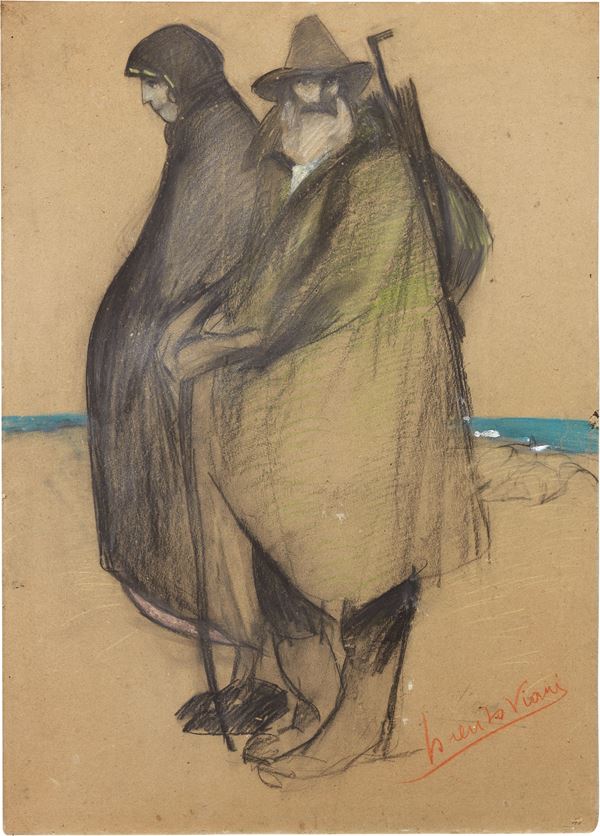 Lorenzo Viani : Viandanti  (1915)  - Tecnica mista su cartone - Auction Modern Art  [..]