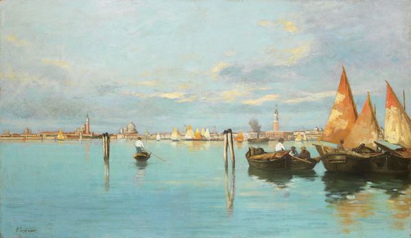 Pietro Fragiacomo : Pescatori in laguna a Venezia  (1885 ca.)  - Olio su tavola - Auction XIX and XX Century Paintings and Sculptures - Casa d'aste Farsettiarte