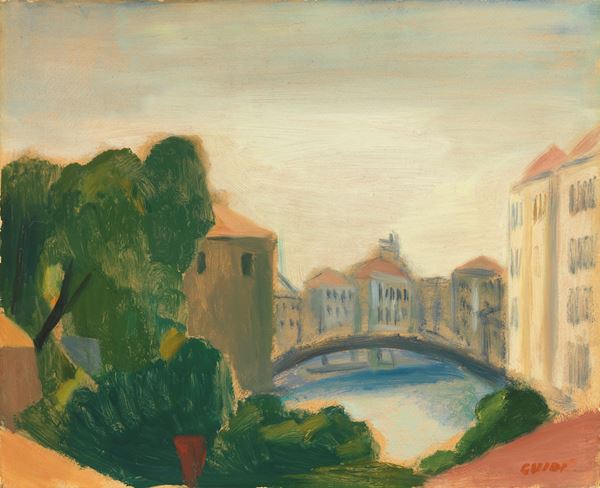 Virgilio Guidi : Ponte dell'Accademia  (1943)  - Olio su cartone - Asta Arte Moderna - Casa d'aste Farsettiarte
