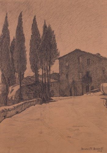 Benvenuto Benvenuti : Case e cipressi  (1929)  - Carboncino su cartone - Auction XIX and XX Century Paintings and Sculptures - Casa d'aste Farsettiarte