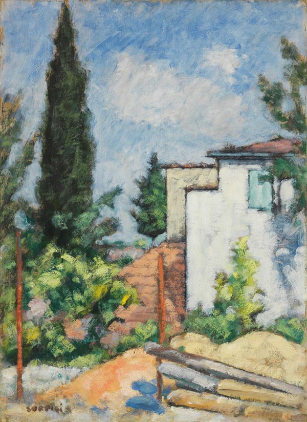 Ardengo Soffici : Casa al Poggio  ((1962))  - Olio su cartone - Auction Modern Art  [..]