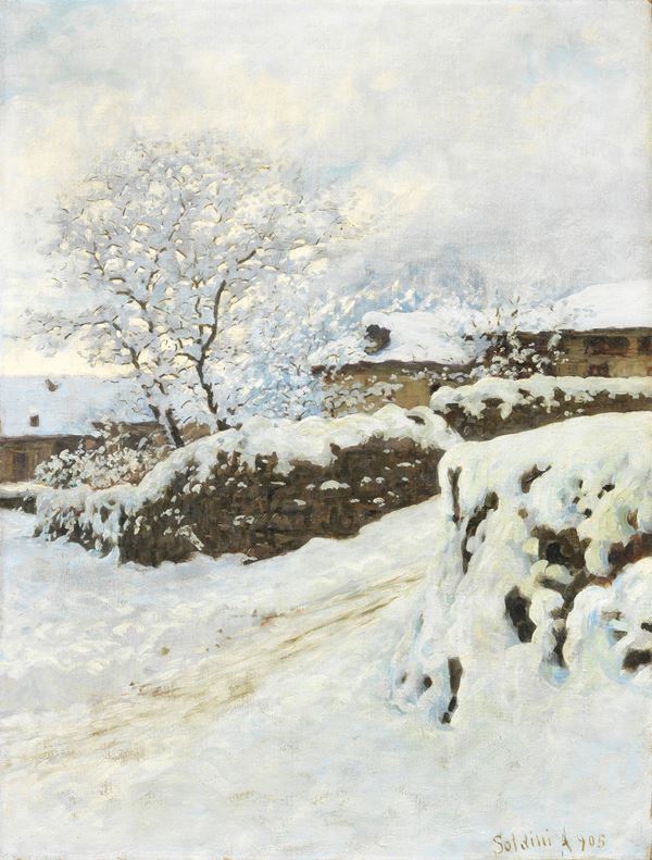 Arnoldo Soldini : Dopo la nevicata  (1905)  - Olio su tela - Asta Dipinti e Sculture del XIX e XX secolo - Casa d'aste Farsettiarte