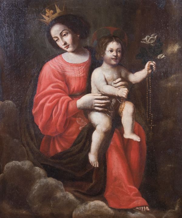 Scuola Italia meridionale fine XVII secolo - Modonna col Bambino e un giglio