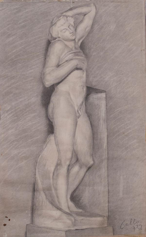 Oscar Gallo : Il Prigione (da Michelangelo)  (1932)  - Matita e carboncino su carta - Asta PARADE II - DIPINTI E SCULTURE DEL XIX E XX SECOLO - Casa d'aste Farsettiarte