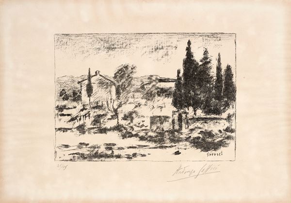 Ardengo Soffici : Paesaggio di Poggio a Caiano  (1960)  - Litografia, es. 26/125  [..]