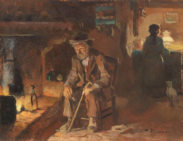 Cafiero Filippelli : Al focolare  - Olio su compensato - Auction XIX and XX Century Paintings and Sculptures - Casa d'aste Farsettiarte