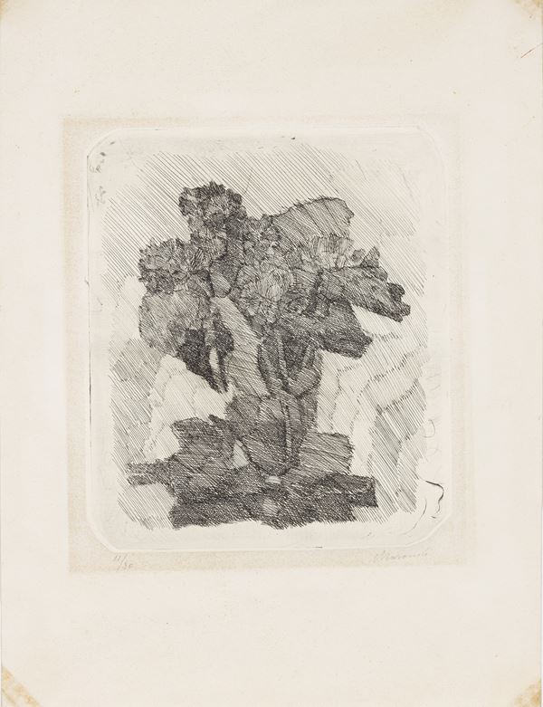 Giorgio Morandi : Gerani dentro un bicchiere  (1930 ca.)  - Acquaforte su carta India incollata, es. 11/30 - Asta Dipinti, Disegni, Sculture e Grafica - Casa d'aste Farsettiarte