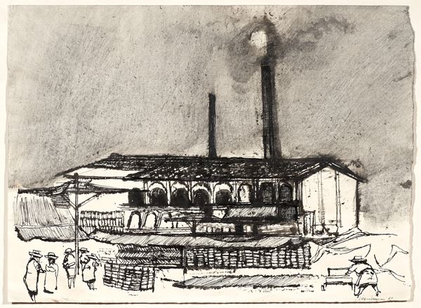 Renzo Vespignani : Fabbrica  (1951)  - China su carta - Asta Parade I - Arte Contemporanea - Casa d'aste Farsettiarte
