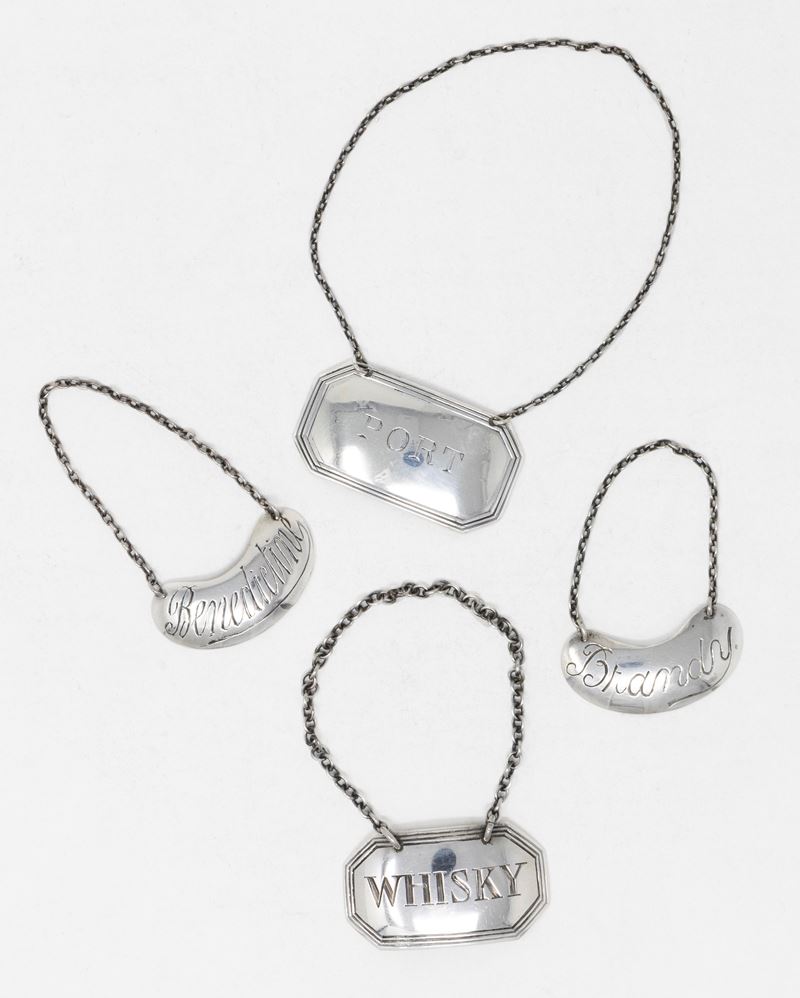 Quattro Etichette per Bottiglie da Liquore in Argento Sterling