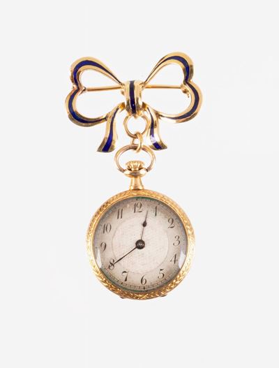 Orologio in oro giallo 18 kt con spilla e smalti policromi