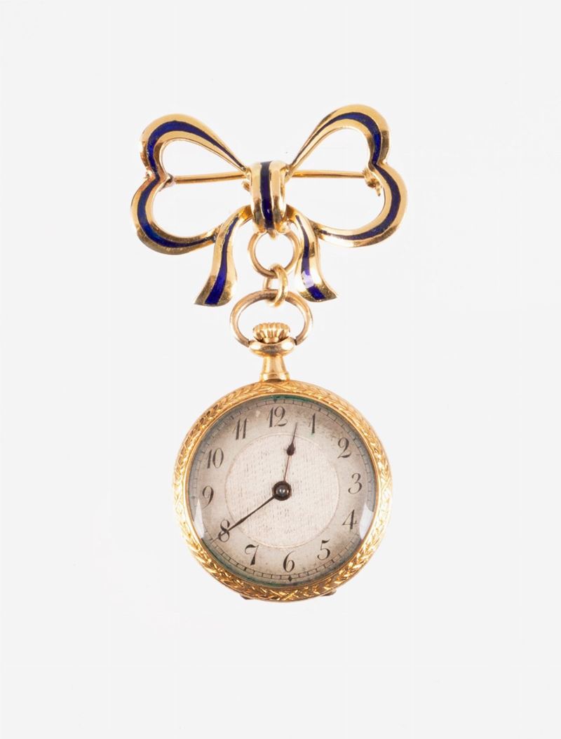 Orologio con Spilla in Oro Giallo e Smalti