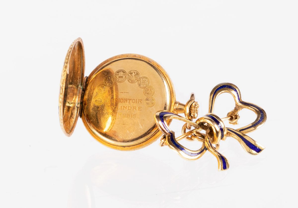 Orologio con Spilla in Oro Giallo e Smalti