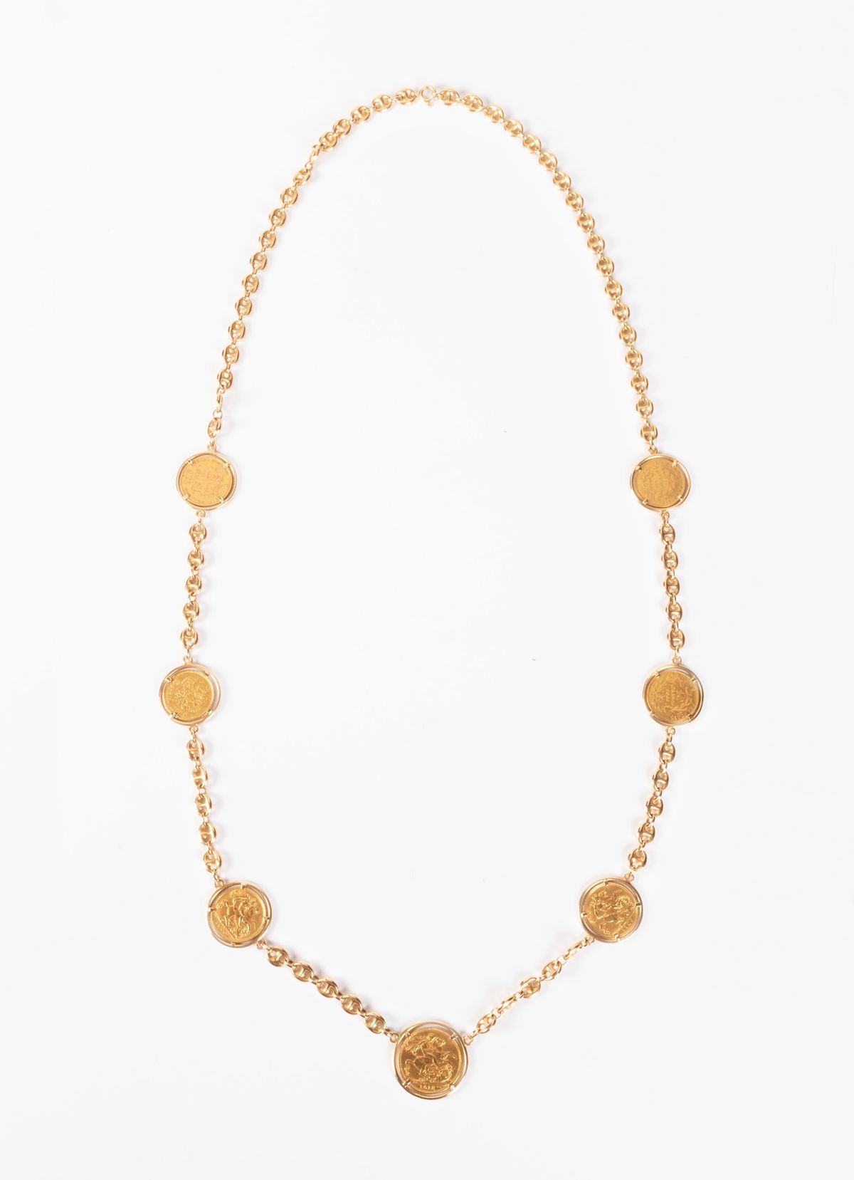 Collana a Maglia Marina e Sette Monete in Oro Giallo