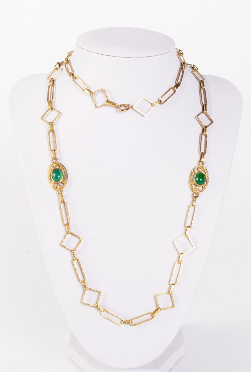 Collana e orecchini in oro giallo 18 kt con calcedonio cabochon