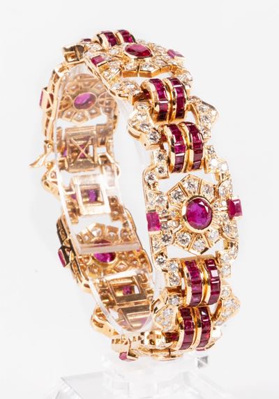 Bracciale a Maglie in Oro Giallo con Rubini e Diamanti