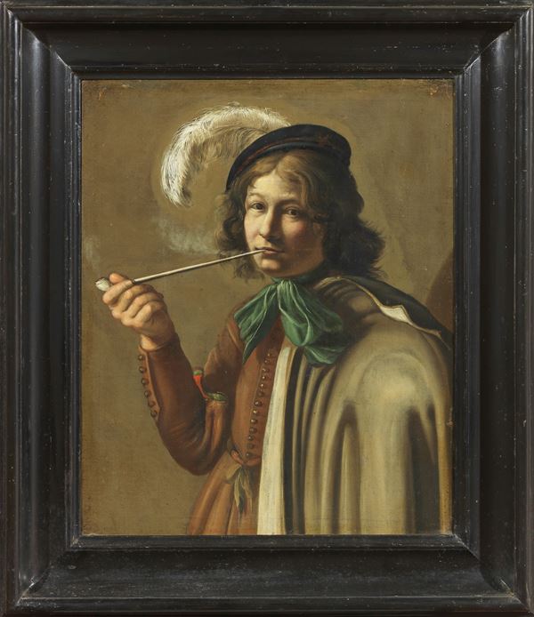 Scuola caravaggesca fine XVII secolo : Ritratto di fumatore di pipa  - Olio su tela - Asta Importanti Arredi, Sculture e Dipinti Antichi - Casa d'aste Farsettiarte