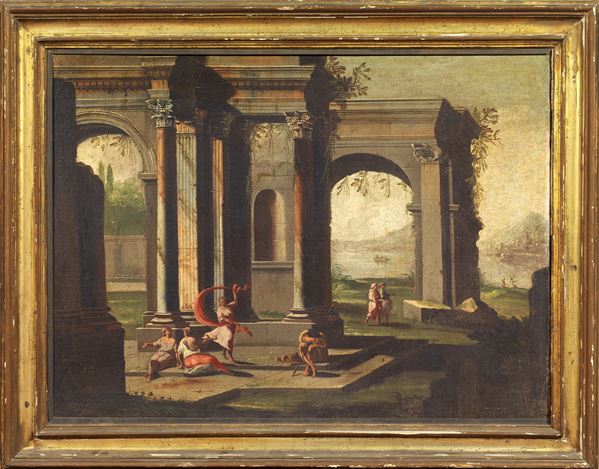 Viviano Codazzi (ambito di) : Paesaggio con architetture, figure e una danzatrice  - Olio su tela - Asta Importanti Arredi, Sculture e Dipinti Antichi - Casa d'aste Farsettiarte