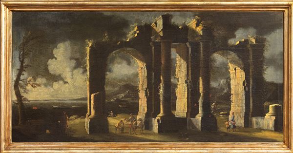 Viviano Codazzi (ambito di) : Paesaggio marino con ruderi di architetture e figure  - Olio su tela - Asta Importanti Arredi, Sculture e Dipinti Antichi - Casa d'aste Farsettiarte