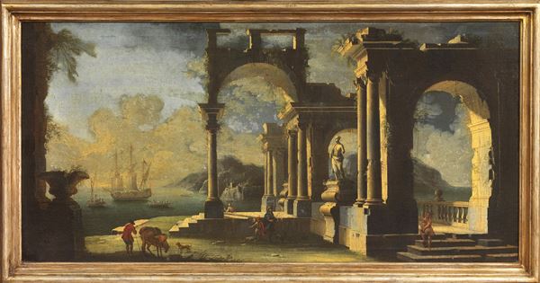 Viviano Codazzi (ambito di) : Paesaggio con rovine architettoniche, figure e un vascello nello sfondo  - Olio su tela - Asta Importanti Arredi, Sculture e Dipinti Antichi - Casa d'aste Farsettiarte