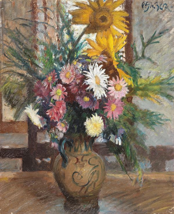 Paulo Ghiglia : Vaso di fiori  - Olio su tela - Asta Dipinti e Sculture del XIX e XX secolo - Casa d'aste Farsettiarte