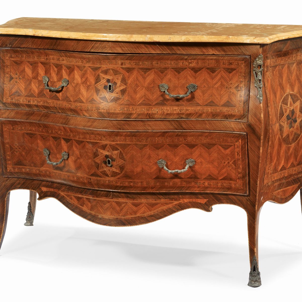 Coppia di Commode Lastronate e Finemente Intarsiate in Noce e Legni Vari