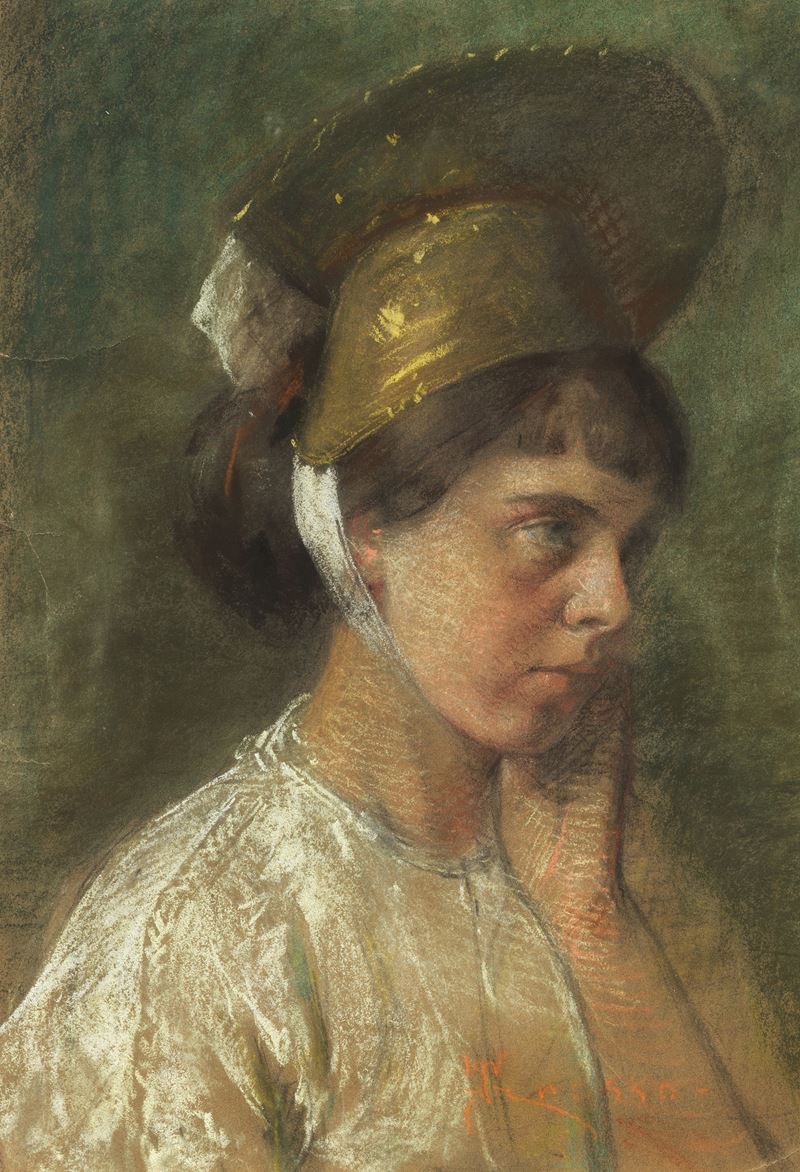 Giacomo Grosso - Ritratto di Giovane Donna con Copricapo
