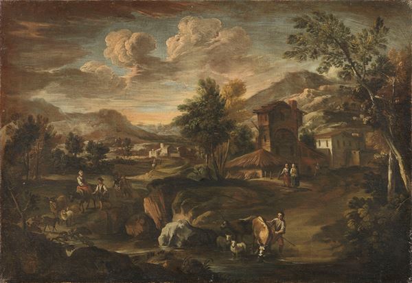 Scuola veneta del XVIII secolo - «Paesaggio fluviale con viaggiatori e gregge» e «Paesaggio fluviale con contadini e armenti»
