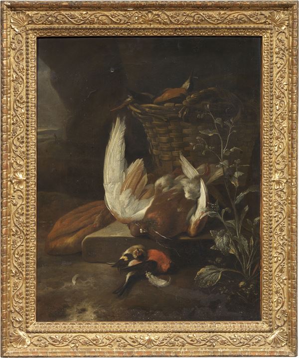 Scuola fiamminga del XVII secolo - Natura morta con piccioni e fringuelli