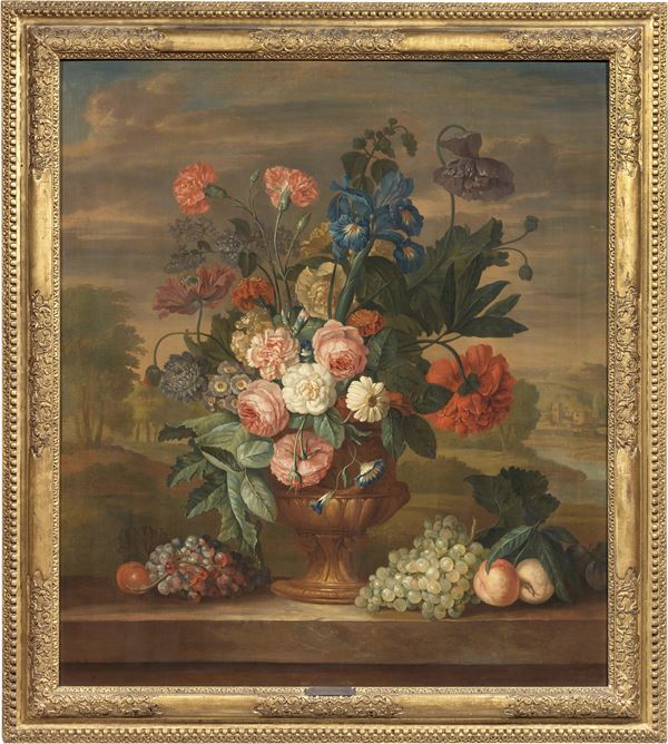 Jacob van Huysum o Huijsum : Natura morta con fiori e frutta  - Olio su tela - Asta Importanti Arredi, Maioliche, Sculture e Dipinti Antichi - Casa d'aste Farsettiarte