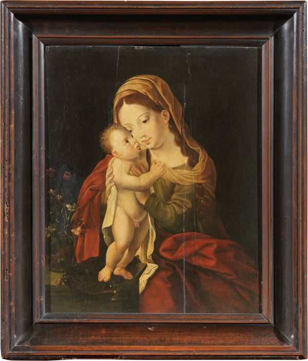 Bernart van Orley (seguace di) : Madonna col Bambino  - Olio su tavola - Asta Importanti Arredi, Maioliche, Sculture e Dipinti Antichi - Casa d'aste Farsettiarte
