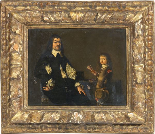 Scuola fiamminga del XIX secolo - Ritratto familiare di padre e figlio