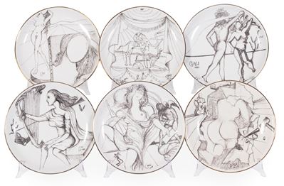 Sei Piatti in Porcellana Serigrafata con la Serie «le Arti» di Salvador Dalì