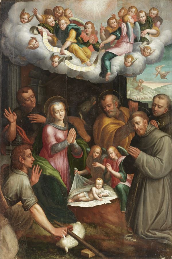 Scuola emiliana del XVI secolo : Natività con due Santi francescani, pastori e annuncio ai pastori sullo sfondo  - Olio su tavola - Auction Old Masters Paintings - Casa d'aste Farsettiarte