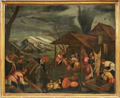 Paesaggio con Scena di Mercato e Macellazione del Suino