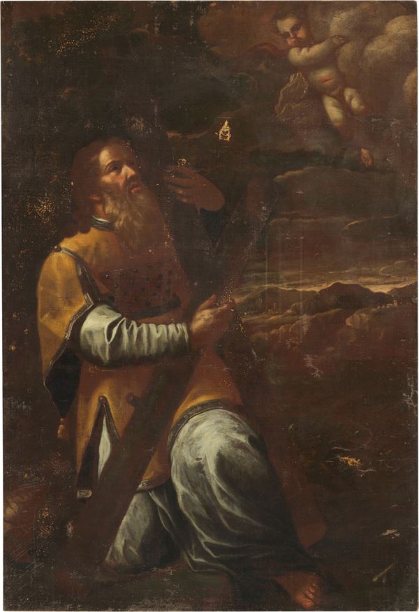 Scuola Italia centrale del XVII secolo : Sant'Andrea in adorazione del legno della Croce  - Olio su tela - Asta Importanti Arredi, Sculture e Dipinti Antichi - Casa d'aste Farsettiarte